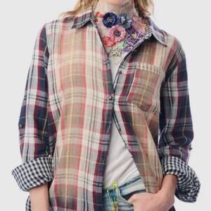 Aratta Silent Journey Mixed Plaid Floral Print Button Down Tunic Top Size Small